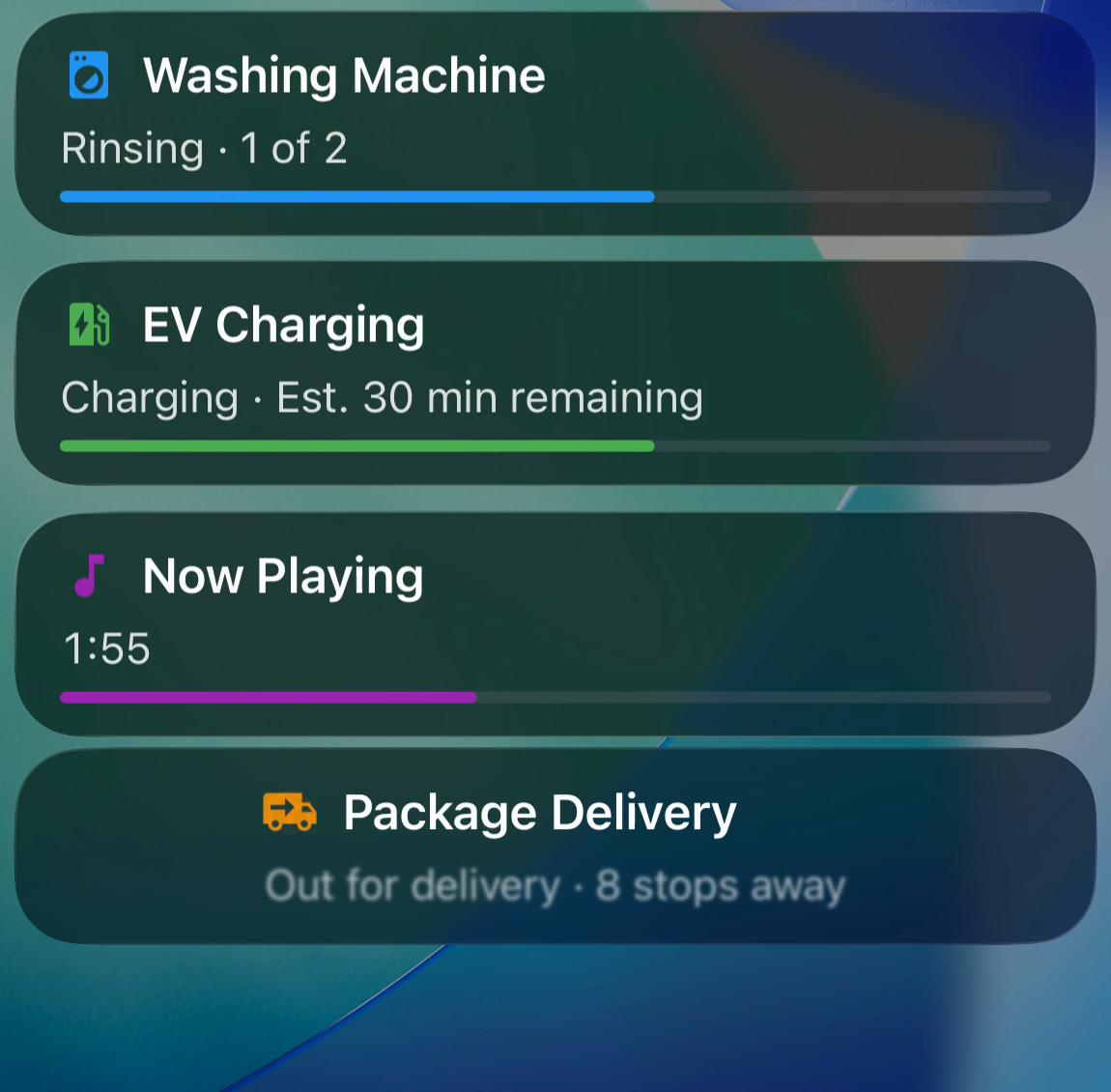 Washing Machine, EV Charging, Now Playing, and Package Delivery Live Activities on the iOS Lock Screen