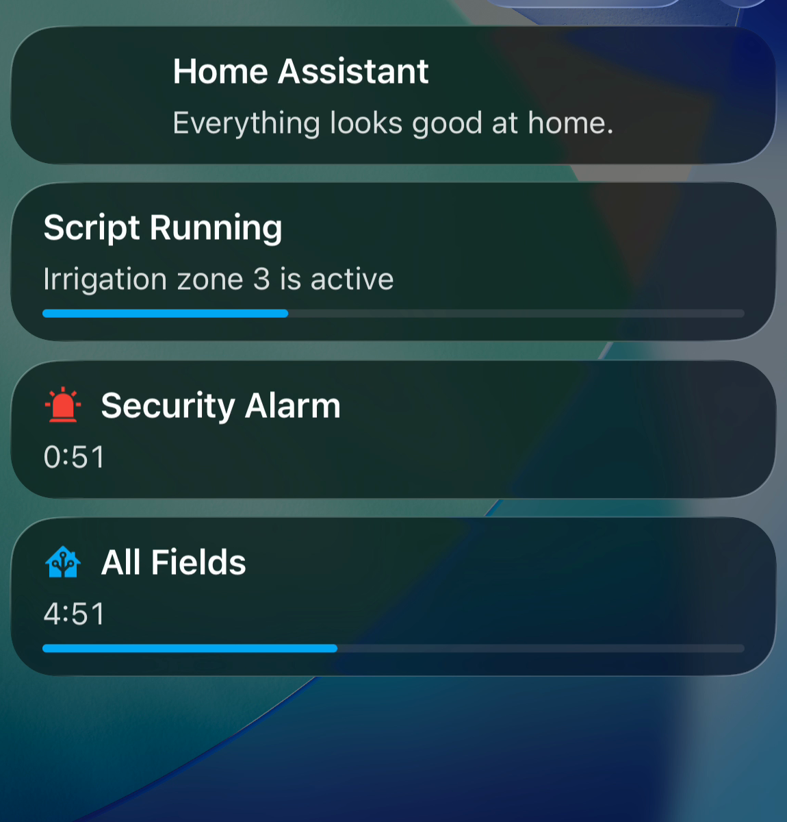 Four Live Activities grouped on the iOS Lock Screen: Home Assistant, Script Running, Security Alarm, All Fields