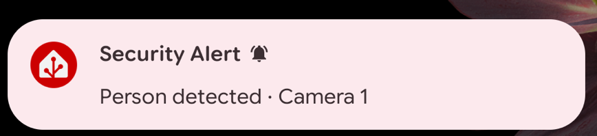 Android Live Update showing "Security Alert / Person detected · Camera 1" on the Lock Screen